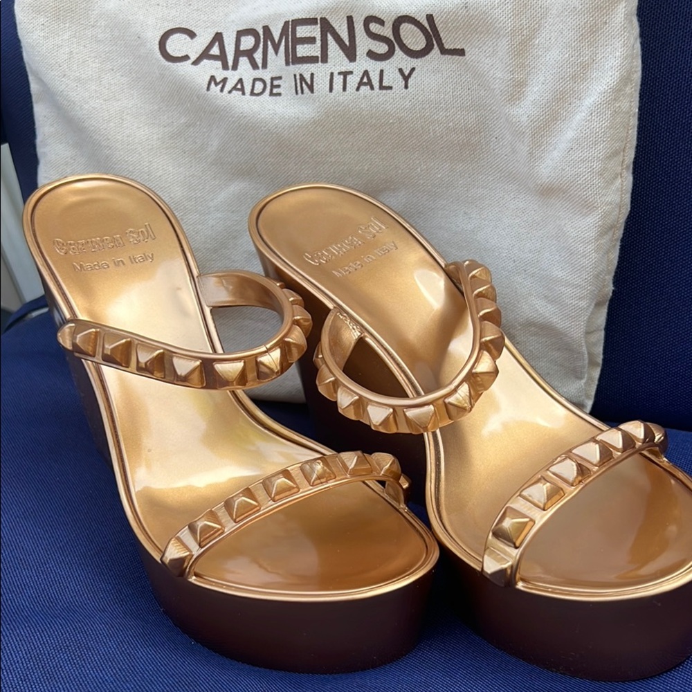 Gold Platform Slide Sandals with Woven Detail